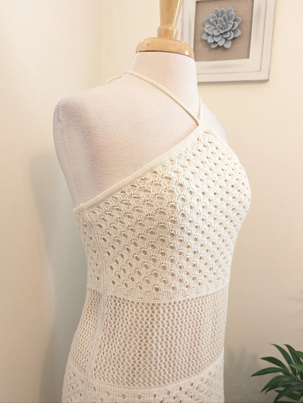 Old Navy Boho Cream Knit Crochet Halter Mini Dress Medium - Picture 5 of 12